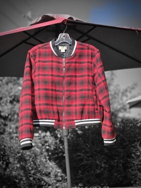 Maeve By Anthropologie Sport Red & Black Plaid Bomber Jacket US S